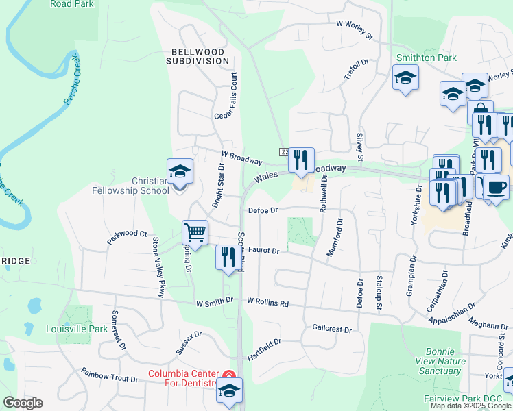 map of restaurants, bars, coffee shops, grocery stores, and more near 200 South Scott Boulevard in Columbia
