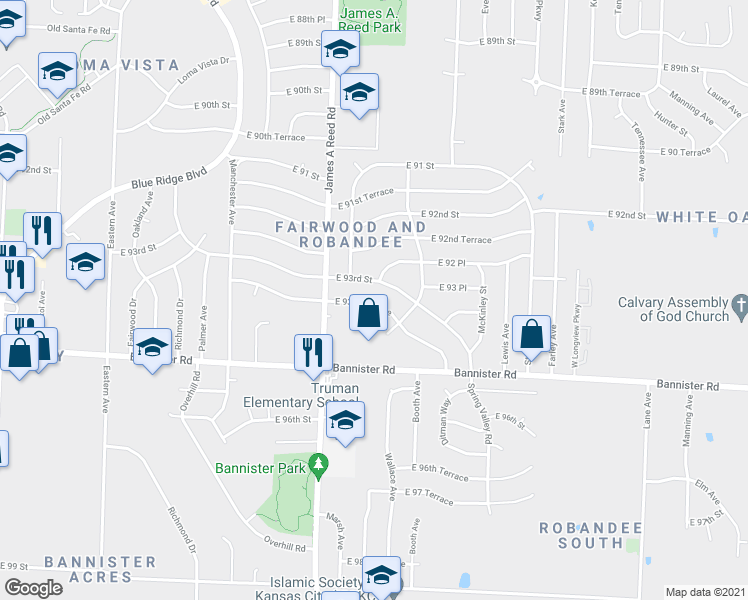 map of restaurants, bars, coffee shops, grocery stores, and more near 8303 East 93rd Terrace in Kansas City