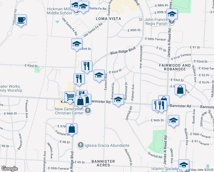map of restaurants, bars, coffee shops, grocery stores, and more near 9405 Eastern Avenue in Kansas City