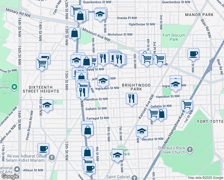 map of restaurants, bars, coffee shops, grocery stores, and more near 728 Ingraham Street Northwest in Washington