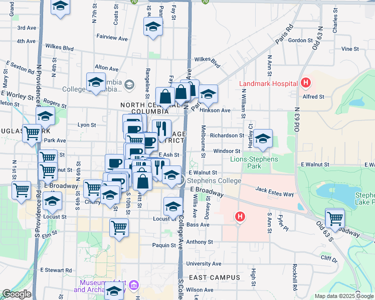 map of restaurants, bars, coffee shops, grocery stores, and more near 206 North College Avenue in Columbia