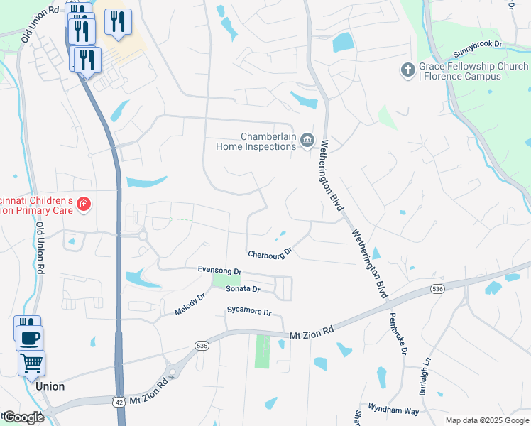 map of restaurants, bars, coffee shops, grocery stores, and more near 9815 Cherbourg Drive in Union