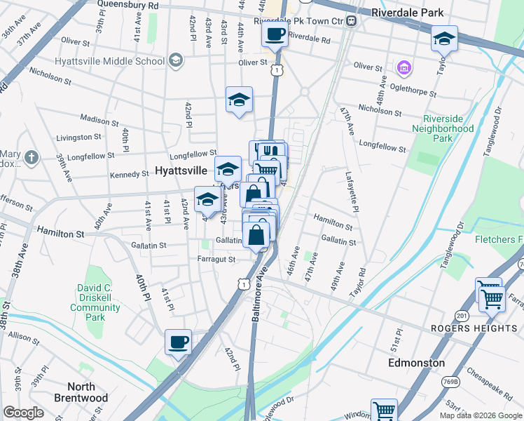 map of restaurants, bars, coffee shops, grocery stores, and more near 5334 Baltimore Avenue in Hyattsville