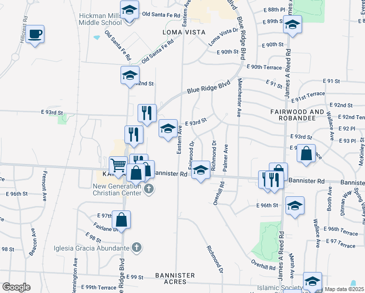 map of restaurants, bars, coffee shops, grocery stores, and more near 9317 Eastern Avenue in Kansas City