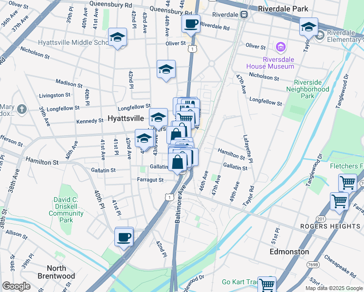 map of restaurants, bars, coffee shops, grocery stores, and more near 5334 Baltimore Avenue in Hyattsville