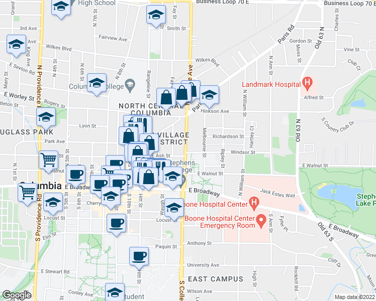 map of restaurants, bars, coffee shops, grocery stores, and more near 204 North College Avenue in Columbia