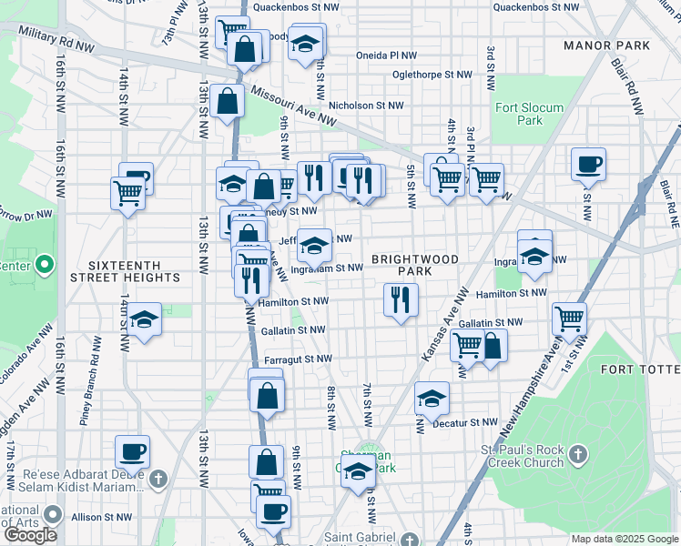 map of restaurants, bars, coffee shops, grocery stores, and more near 728 Ingraham Street Northwest in Washington