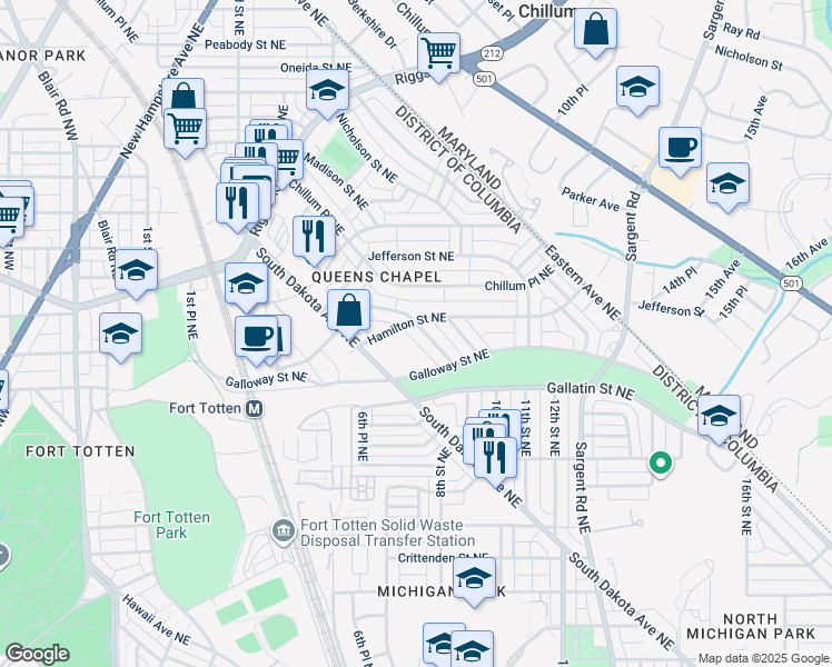 map of restaurants, bars, coffee shops, grocery stores, and more near 5162 7th Street Northeast in Washington