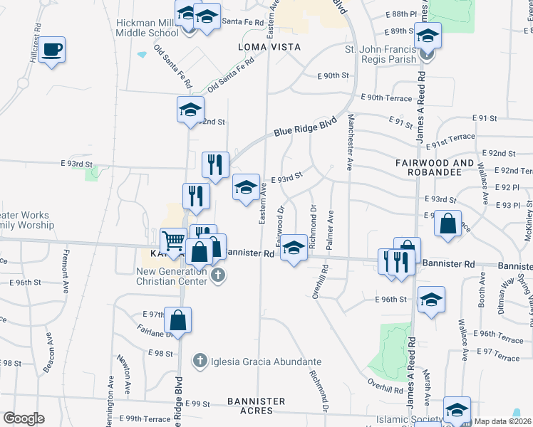 map of restaurants, bars, coffee shops, grocery stores, and more near 9405 Eastern Avenue in Kansas City