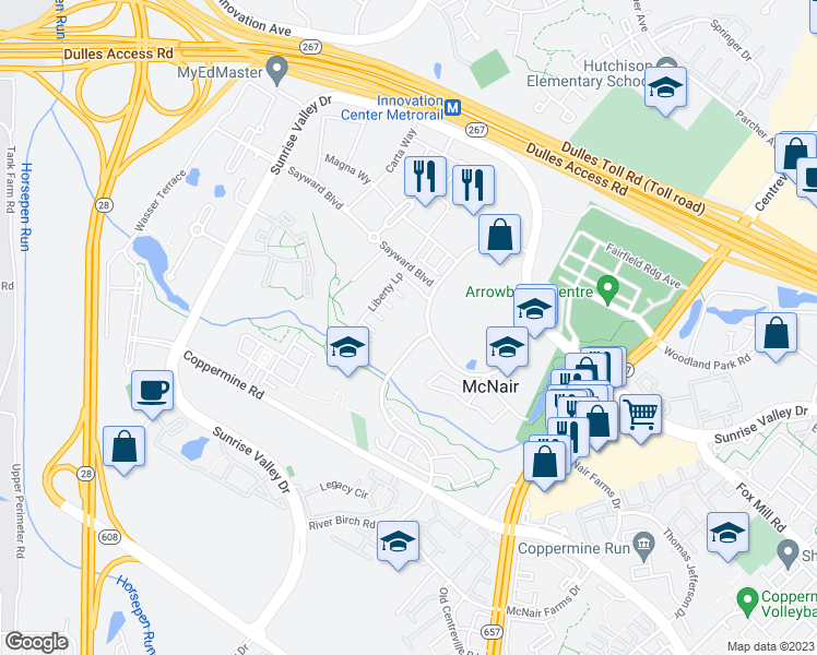 map of restaurants, bars, coffee shops, grocery stores, and more near 13605 Dulles Technology Drive in Herndon