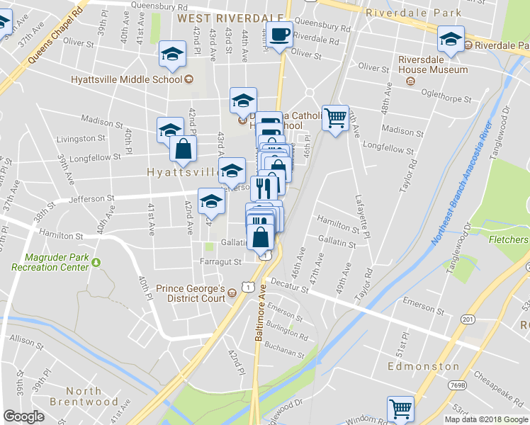 map of restaurants, bars, coffee shops, grocery stores, and more near 5310 Baltimore Avenue in Hyattsville