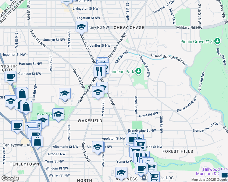 map of restaurants, bars, coffee shops, grocery stores, and more near 4901 Connecticut Avenue Northwest in Washington