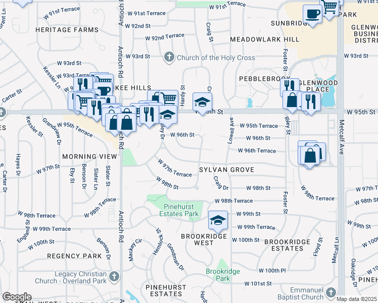 map of restaurants, bars, coffee shops, grocery stores, and more near 8119 West 96th Terrace in Overland Park