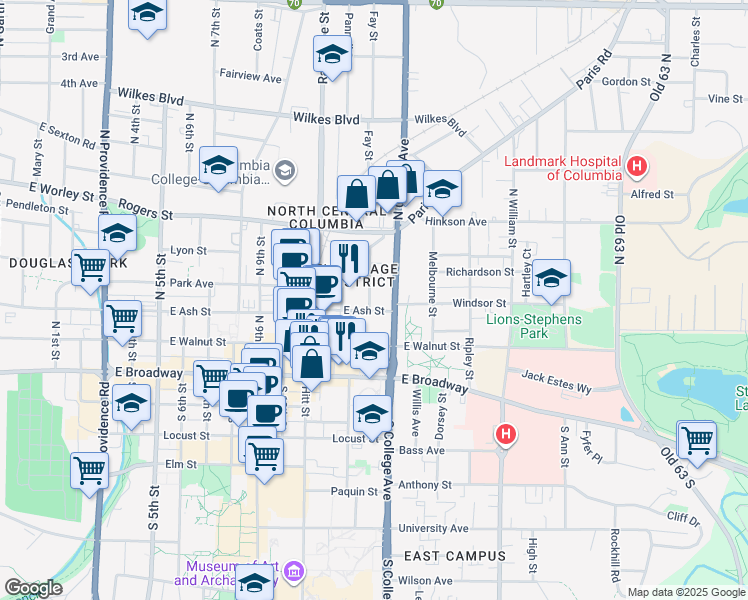 map of restaurants, bars, coffee shops, grocery stores, and more near 208 Saint Joseph Street in Columbia