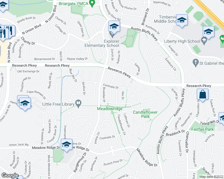 map of restaurants, bars, coffee shops, grocery stores, and more near 8455 Sassafras Drive in Colorado Springs