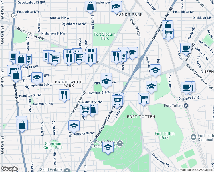 map of restaurants, bars, coffee shops, grocery stores, and more near 5200 2nd Street Northwest in Washington