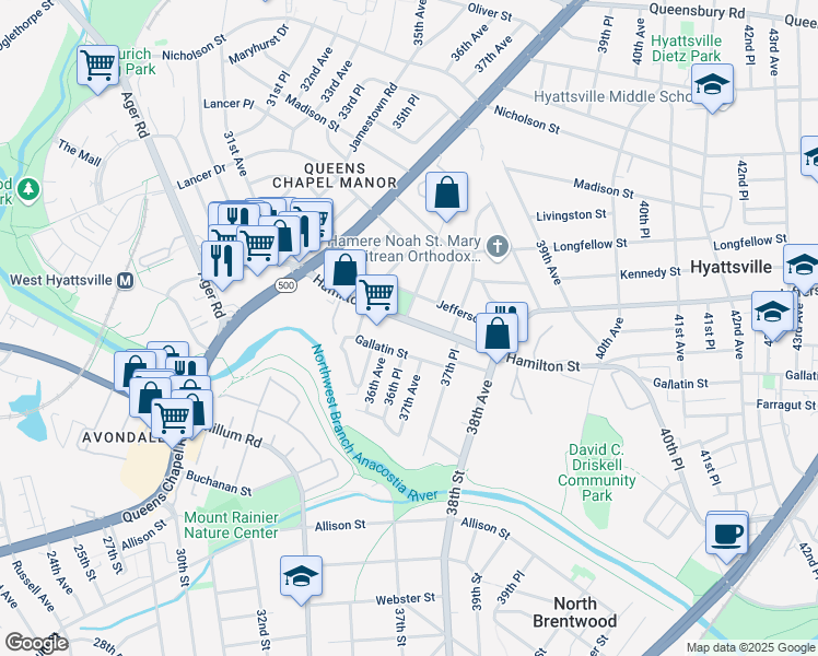 map of restaurants, bars, coffee shops, grocery stores, and more near 3601 Hamilton Street in Hyattsville
