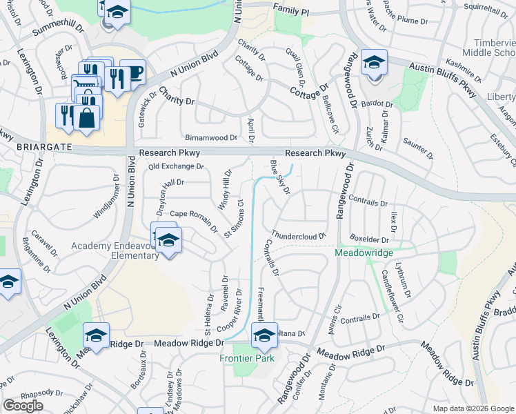 map of restaurants, bars, coffee shops, grocery stores, and more near 3729 Thundercloud Drive in Colorado Springs