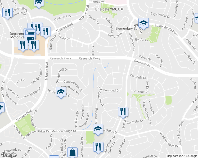 map of restaurants, bars, coffee shops, grocery stores, and more near 8420 Contrails Drive in Colorado Springs