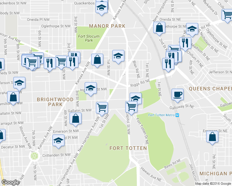map of restaurants, bars, coffee shops, grocery stores, and more near 35 Hamilton Street Northwest in Washington