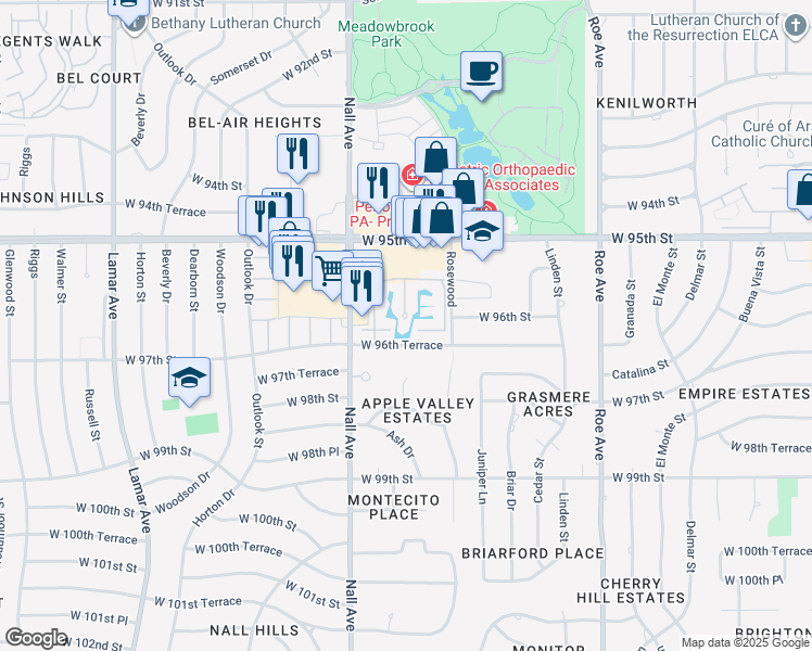 map of restaurants, bars, coffee shops, grocery stores, and more near 5331 West 96th Terrace in Overland Park