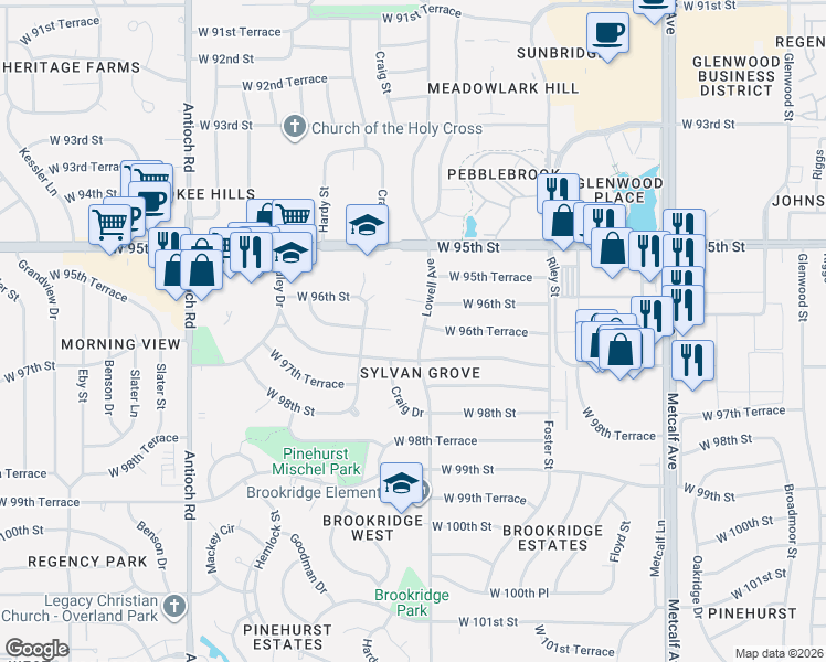 map of restaurants, bars, coffee shops, grocery stores, and more near 9639 Lowell Avenue in Overland Park