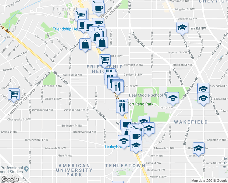 map of restaurants, bars, coffee shops, grocery stores, and more near 4910 Wisconsin Avenue Northwest in Washington