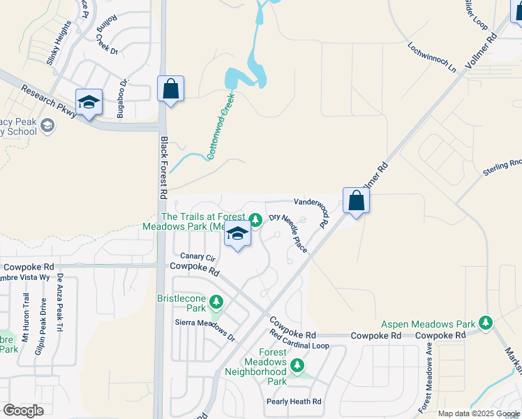 map of restaurants, bars, coffee shops, grocery stores, and more near 8438 Creek Brush Drive in Colorado Springs