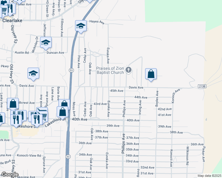 map of restaurants, bars, coffee shops, grocery stores, and more near 15785 45th Avenue in Clearlake