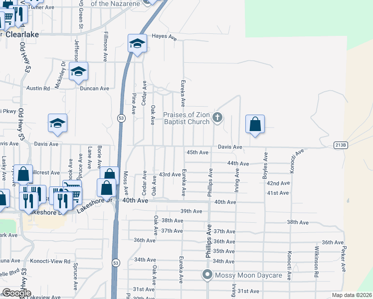 map of restaurants, bars, coffee shops, grocery stores, and more near 15785 45th Avenue in Clearlake