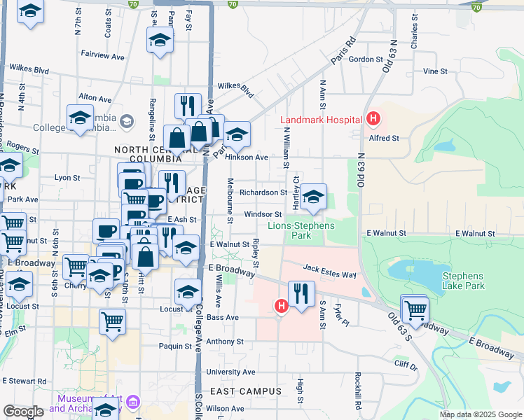 map of restaurants, bars, coffee shops, grocery stores, and more near 1503 Windsor Street in Columbia