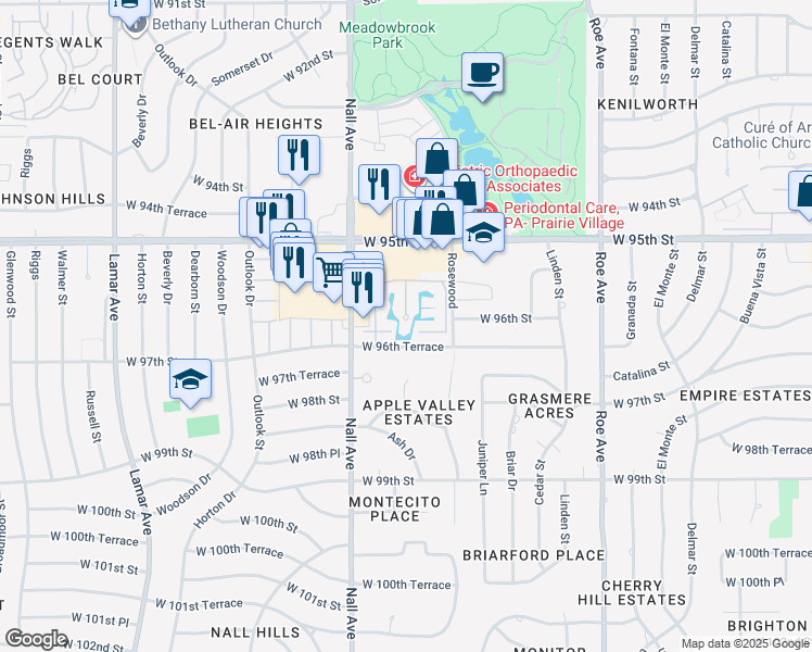 map of restaurants, bars, coffee shops, grocery stores, and more near 9550 Ash Street in Overland Park