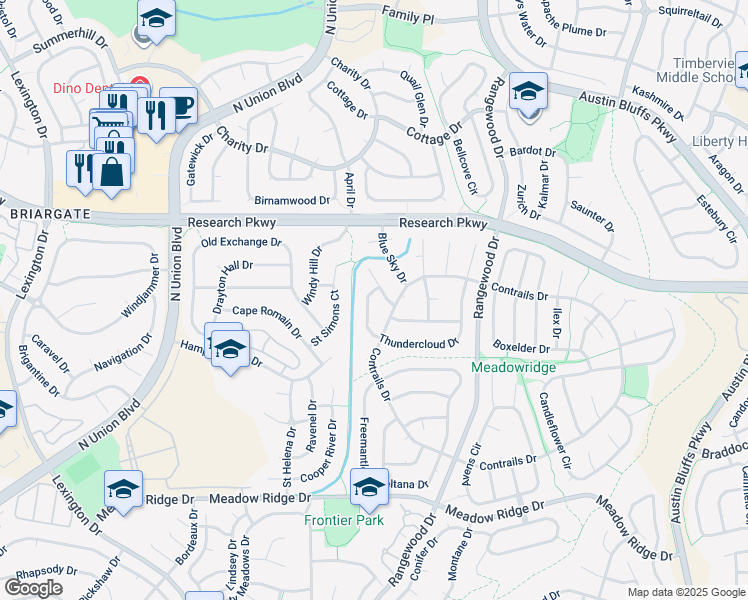 map of restaurants, bars, coffee shops, grocery stores, and more near 8420 Contrails Drive in Colorado Springs