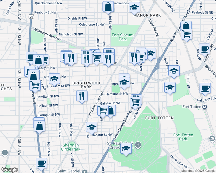 map of restaurants, bars, coffee shops, grocery stores, and more near 5235 Kansas Avenue Northwest in Washington