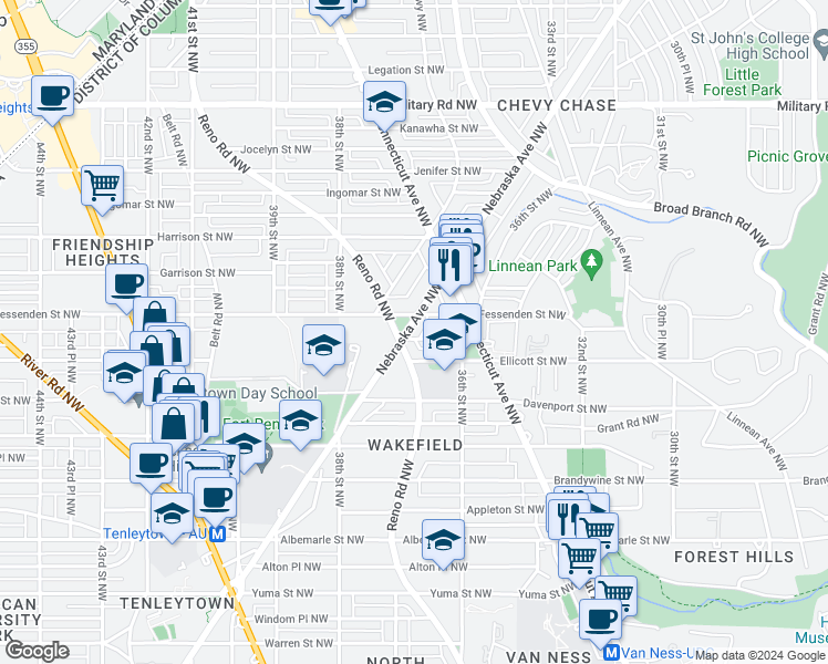 map of restaurants, bars, coffee shops, grocery stores, and more near 4919 Nebraska Avenue Northwest in Washington