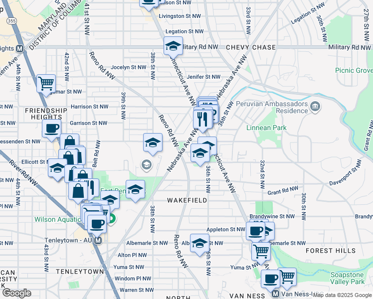 map of restaurants, bars, coffee shops, grocery stores, and more near 4919 Nebraska Avenue Northwest in Washington
