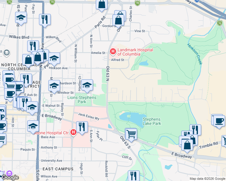 map of restaurants, bars, coffee shops, grocery stores, and more near 206 Old 63 North in Columbia