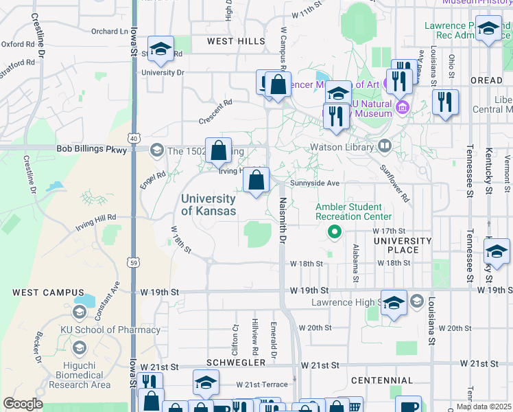 map of restaurants, bars, coffee shops, grocery stores, and more near 1651 Naismith Drive in Lawrence