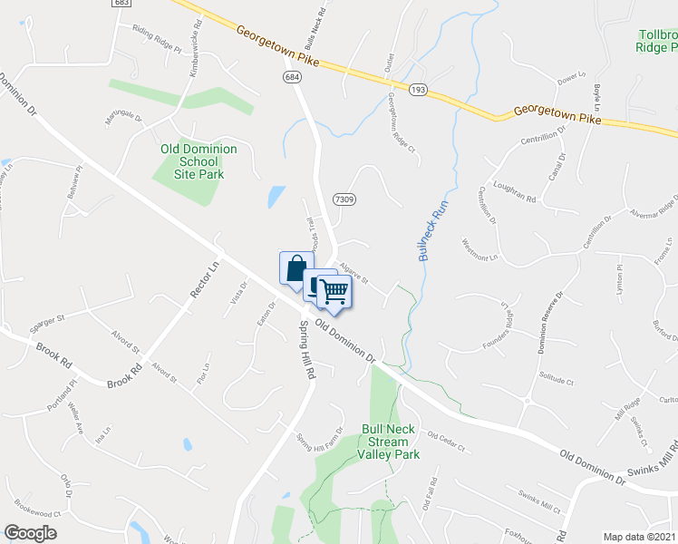 map of restaurants, bars, coffee shops, grocery stores, and more near 8007 Algarve Street in McLean