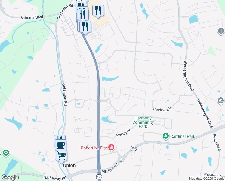 map of restaurants, bars, coffee shops, grocery stores, and more near 1916 Prosperity Ct in Union