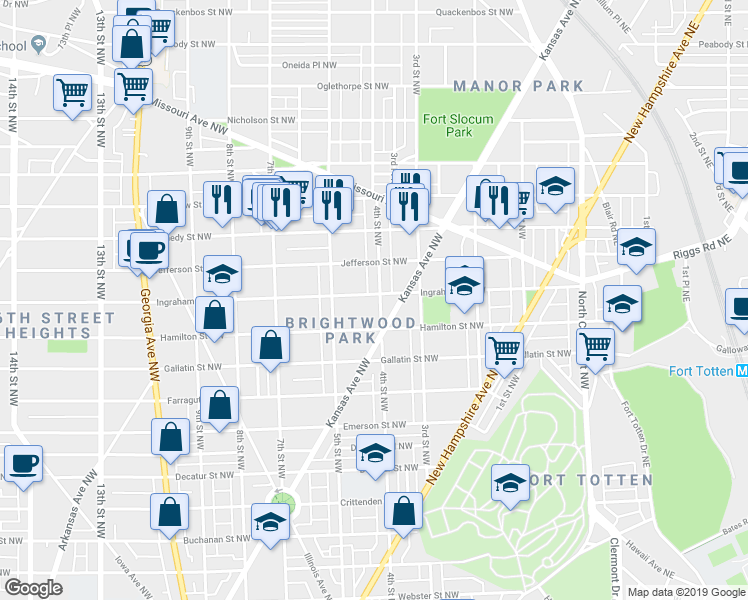 map of restaurants, bars, coffee shops, grocery stores, and more near 5232 4th Street Northwest in Washington
