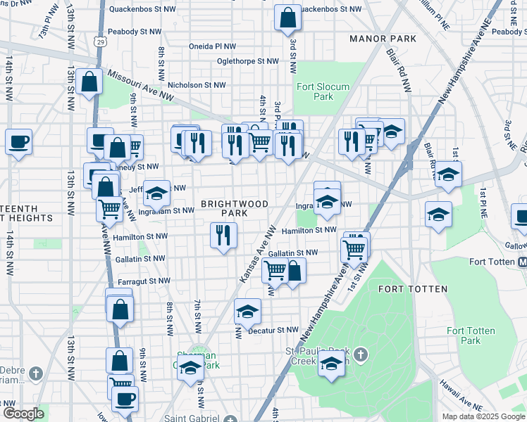 map of restaurants, bars, coffee shops, grocery stores, and more near 5232 4th Street Northwest in Washington