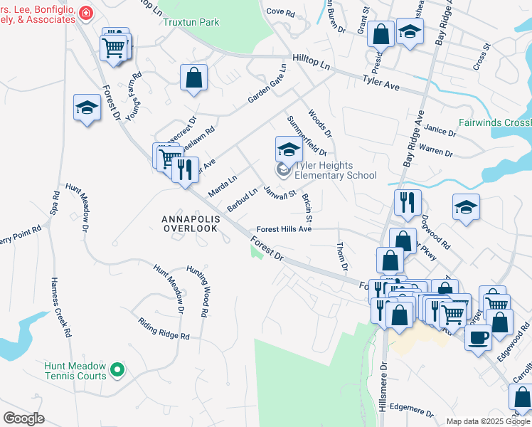 map of restaurants, bars, coffee shops, grocery stores, and more near 15 Janwall Court in Annapolis
