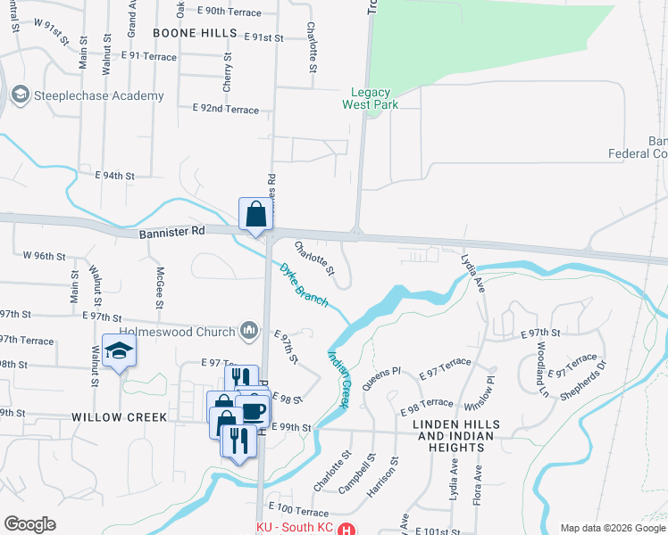 map of restaurants, bars, coffee shops, grocery stores, and more near 9550 Charlotte Street in Kansas City