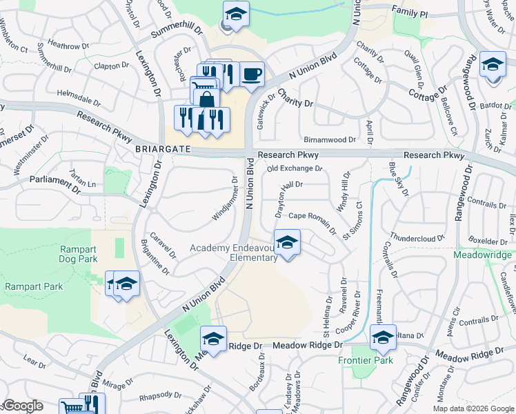 map of restaurants, bars, coffee shops, grocery stores, and more near 8090 Drayton Hall Drive in Colorado Springs