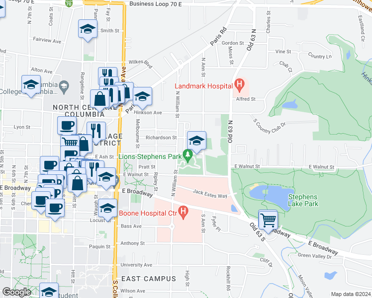 map of restaurants, bars, coffee shops, grocery stores, and more near 104 North William Street in Columbia