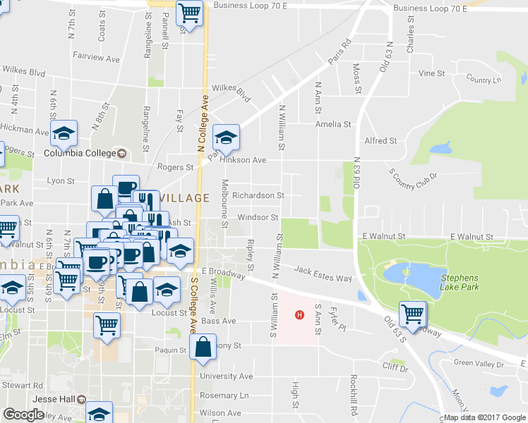 map of restaurants, bars, coffee shops, grocery stores, and more near 1510 Windsor Street in Columbia