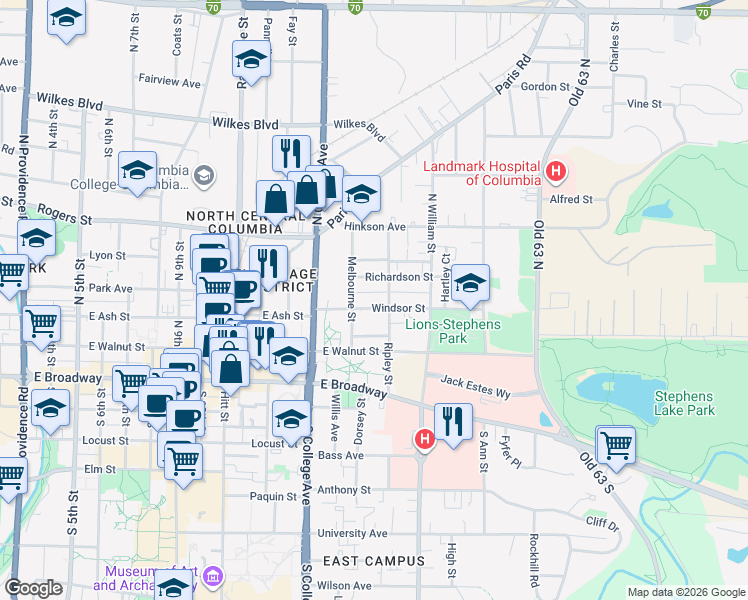 map of restaurants, bars, coffee shops, grocery stores, and more near 113 Ripley Street in Columbia