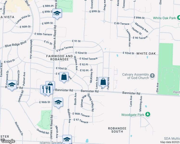 map of restaurants, bars, coffee shops, grocery stores, and more near 8605 Robandee Lane in Kansas City