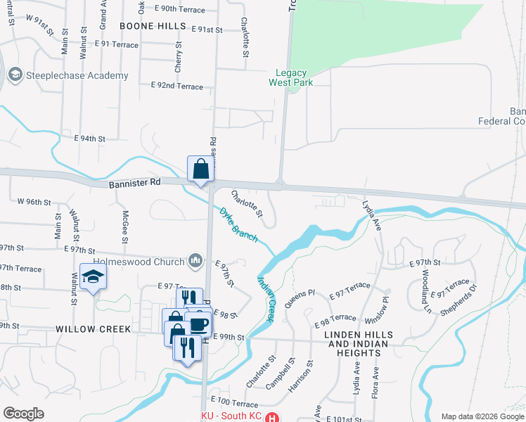 map of restaurants, bars, coffee shops, grocery stores, and more near 9550 Charlotte Street in Kansas City